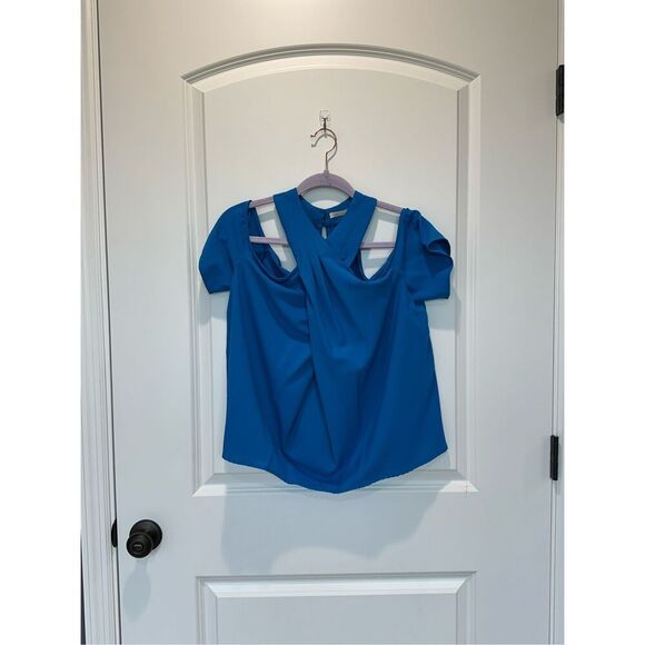 RACHEL Rachel Roy Blue Cross Neck Cold Shoulder Top Size 10 - Picture 1 of 6